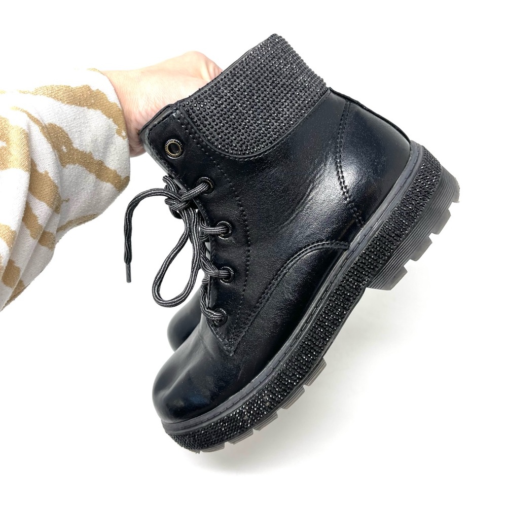 SKECHERS Bling Ankle Boots Kids Girls SIZE YOUTH 3 Black Combat Bootie SN310953L